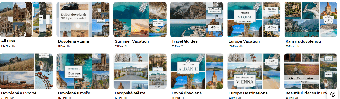 Struktura Pinterest nástěnek podle jazyků a témat