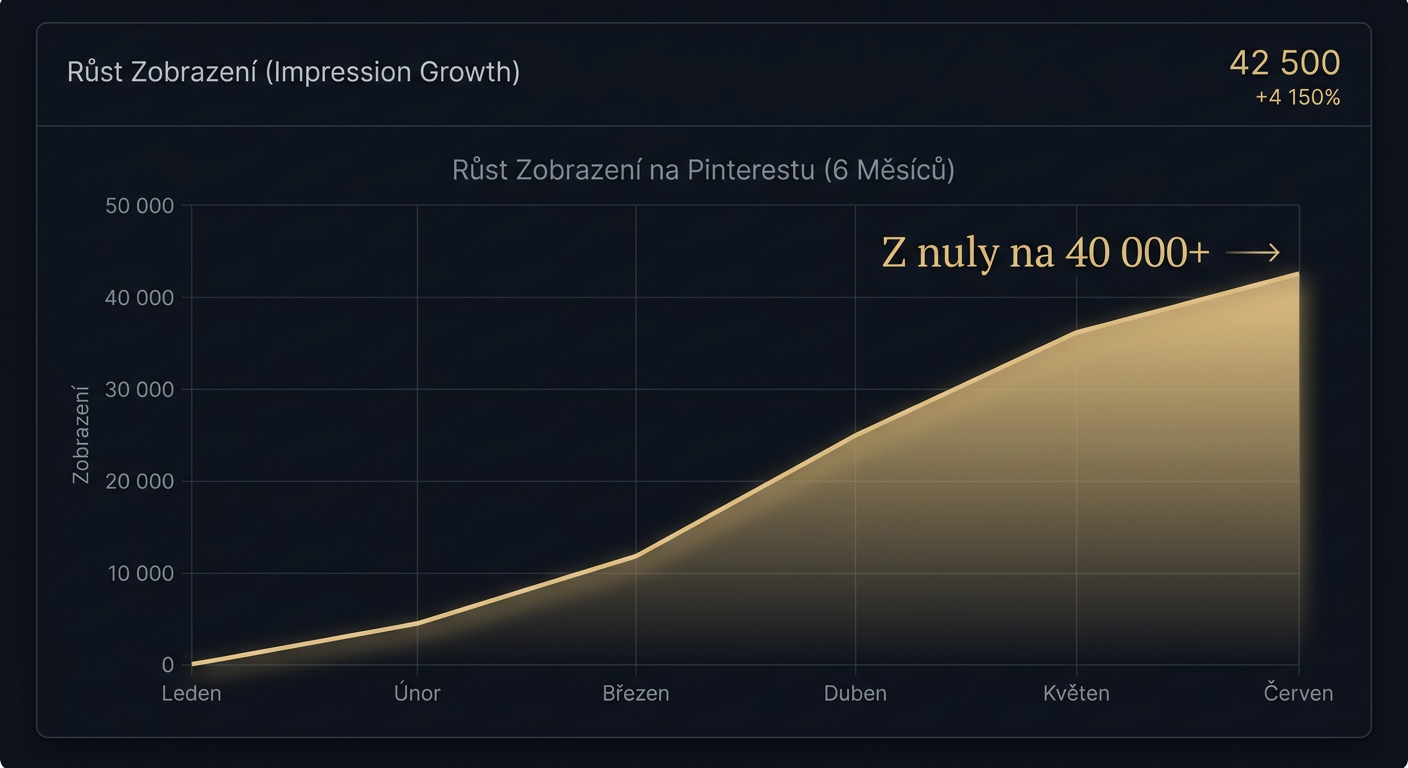 Graf: růst zobrazení na Pinterestu z nuly na 40 000+ za 6 měsíců